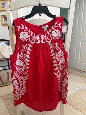 Lucky Brand Red Boho Embroidered Sleeveless Top